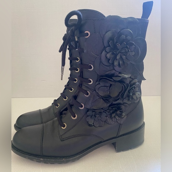 Valentino Black Leather Rose Combat Boots Size 36 - Picture 3 of 16